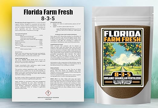 Fertilizer Commercial Grade | Florida Farm Fresh Organic 8-3-5 | 3 Pounds | Granular Slow Release Feed | Nitrogen Source | Lawns Vegetables Fruits Beds Borders Shrubs Ornamentals | 7–8 Month Coverage