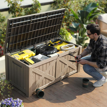 YITAHOME 120 Gallon Large Deck Box, Upgraded Resin Outdoor Storage Boxes w/Flexible Divider, Waterproof Cushion Storage Bench for Patio Furniture, Pool Supplies, Garden Tools - Lockable, Taupe