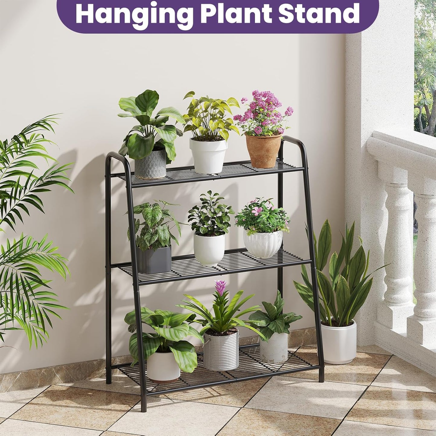 3-Tier Corner Plant Stand Indoor Outdoor , Metal Plant Shelf Black Large Heavy Duty Plant Rack Flower Pot Stand (Black)