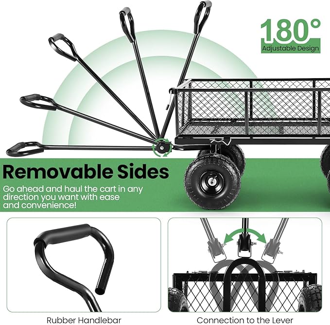 Homdox 880LB Heavy Duty Garden Cart on Wheels, Professional Utility Wagon with 180° Rotating Handle, Foldable Mesh Sides for Landscaping, Yard Work, Farming, Camping & Outdoor Projects