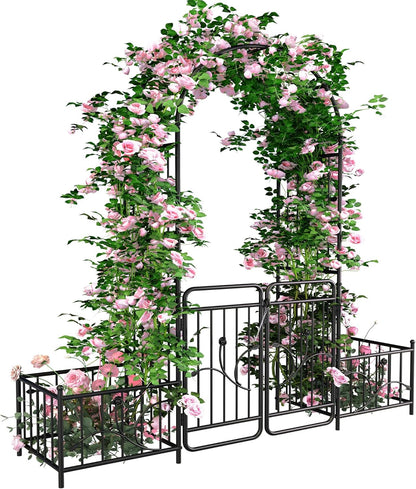 YITAHOME Garden Arbor with Gate and Planter Boxes, 87IN Wedding Arches for Ceremony, Metal Garden Arch for Climbing Plants Outdoor, Black Garden Archway for Lawn, Patio and Backyard