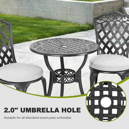 NUU GARDEN 3-Piece Patio Bistro Set, Outdoor Cast Aluminum Bistro Table and 2 Chairs with Gray Cushions and Umbrella Hole, Weather-Resistant Outdoor Furniture Set for Balcony, Lawn, Garden, Black