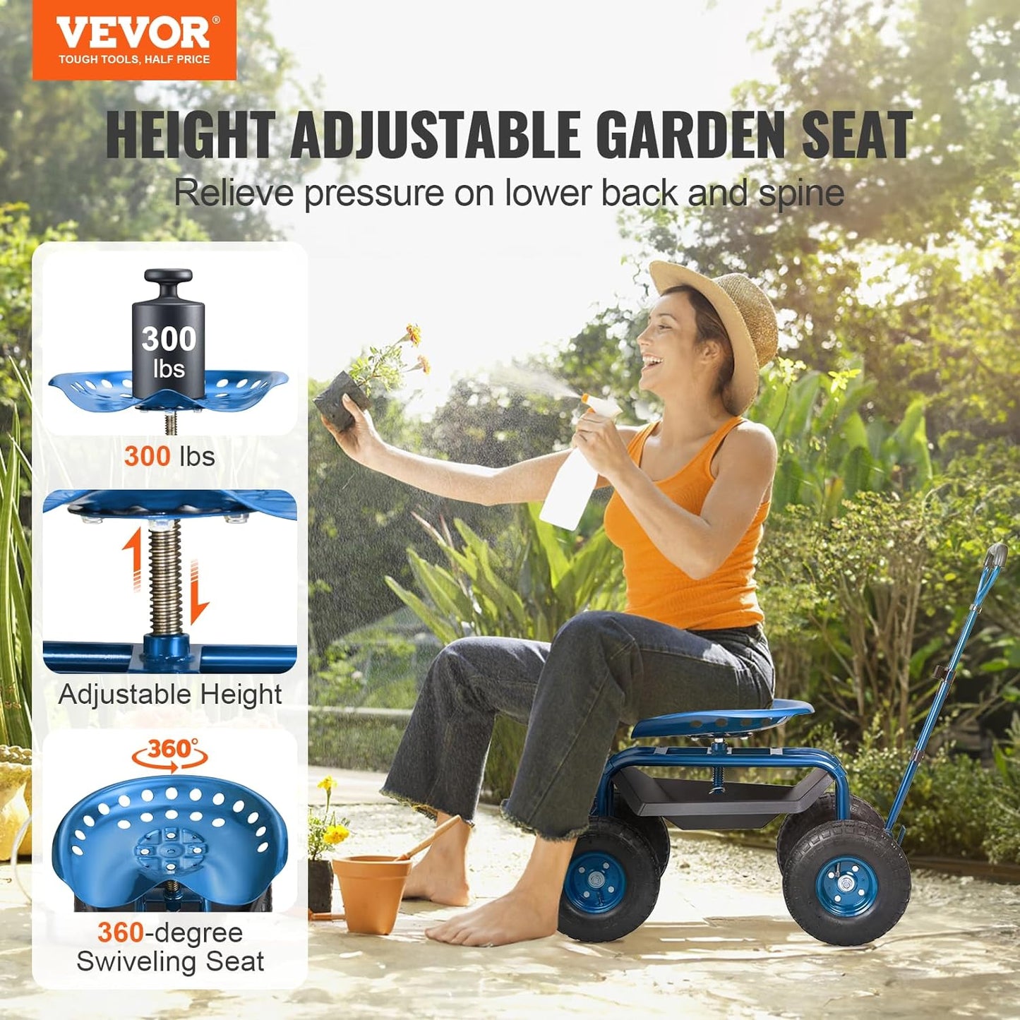 VEVOR Rolling Garden Work Seat with Wheels, Gardening Stool for Planting, 360 Degree Swivel Seat, Garden Scooter with Steering Handle & Tool Tray, Garden Chair for Outdoor, Patio and Yard, Blue