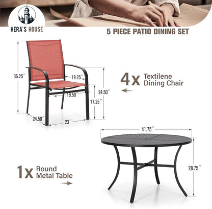 HERA'S HOUSE 5 Pieces Patio Dining Set, Patio Table and Chairs Set for 4, 4 x Red Textilene Dining Chair and 42" Metal Round Table for Lawn Garden Backyard Deck
