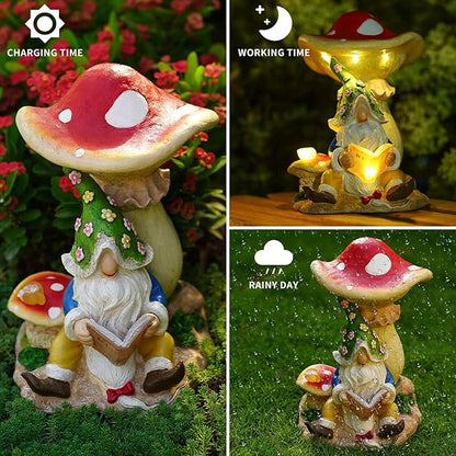 Upgraded Size Solar Garden Outdoor Statues Gnome Reading Under Mushroom with 5 LED Solar Figurine for Lawn,Patio,Balcony,Yard Decor Unique Housewarming Gift for Grandfather, Father,Grandma,Wen