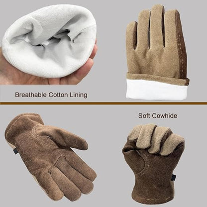 Leather Work Gloves for Men Women with Cotton Lining, Thorn Proof Gardening Gloves for TIG/MIG Welding, Construction (coffee, Small)