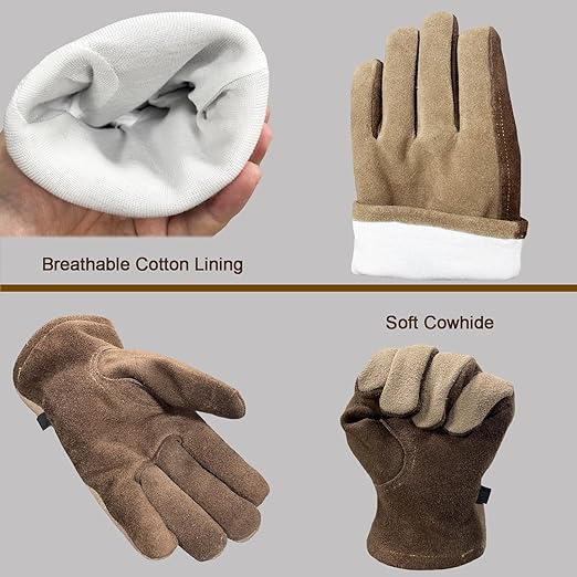 Leather Work Gloves for Men Women with Cotton Lining, Thorn Proof Gardening Gloves for TIG/MIG Welding, Construction (Coffee, Large)
