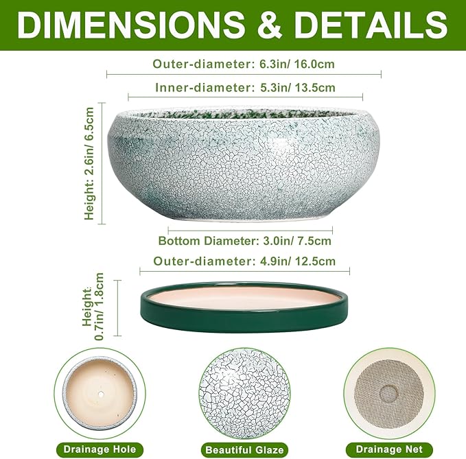 Succulent Pots - 6 Inch Ceramic Pots for Succulent Indoor Outdoor, Small Plant Pot with Drainage Hole and Saucer, Bonsai Pot, Modern Round Planter, Window Decor, Housewarming Gifts, Green