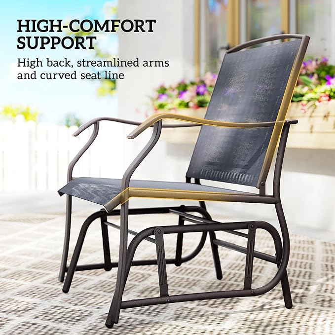 Outsunny 3 Piece Outdoor Glider Chair with Coffee Table Bistro Set, 2 Patio Rocking Swing Chairs with Breathable Sling Fabric, Glass Tabletop, for Backyard, Garden and Porch, Gray