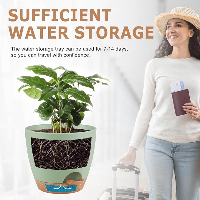 Plant Pots 8/7/6.5/6/5.5/5 Inch Self Watering Pots, Set of 6 Plastic Planters with Drainage Holes and Saucers,Plastic Flower Pots,Nursery Planting Pot for Indoor Out Door Plants（Green）