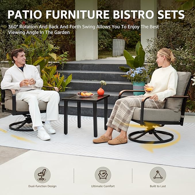 NATURAL EXPRESSIONS Outdoor Bistro Set, 3 Piece Swivel Glider Rocking Chairs Patio Conversation Furniture Set with 2 Rockers, 1 Metal Table and 6" Thick Cushions for Backyard, Porch, Balcony, 350lbs.