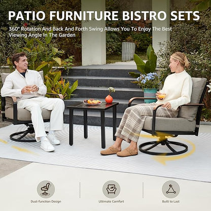 NATURAL EXPRESSIONS Outdoor Bistro Set, 3 Piece Swivel Glider Rocking Chairs Patio Conversation Furniture Set with 2 Rockers, 1 Metal Table and 6" Thick Cushions for Backyard, Porch, Balcony, 350lbs.