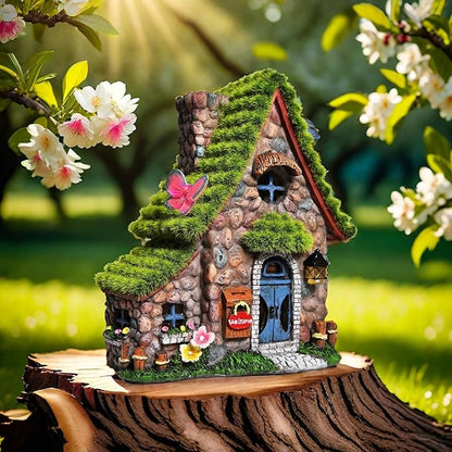 ASAWASA Resin Fairy House Statues with Solar Powered Lights, Funny Garden Sculptures with Flocked and Cobblestone Decor, Exquisite Garden Cottage Figurines