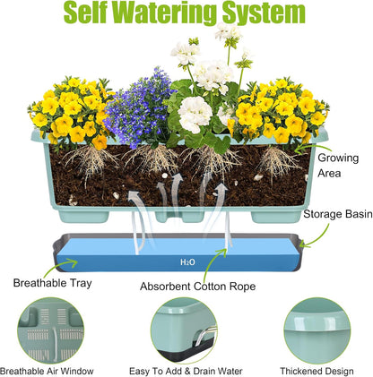 Window Box Planter 6 Pcs, 18 Inches Rectangle Flower Pots with Drainage Holes and Trays, Vegetable Planters for Windowsill Patio Garden Balcony Home Porch Yard Indoor Outdoor (Green, 18*10*6 inch)
