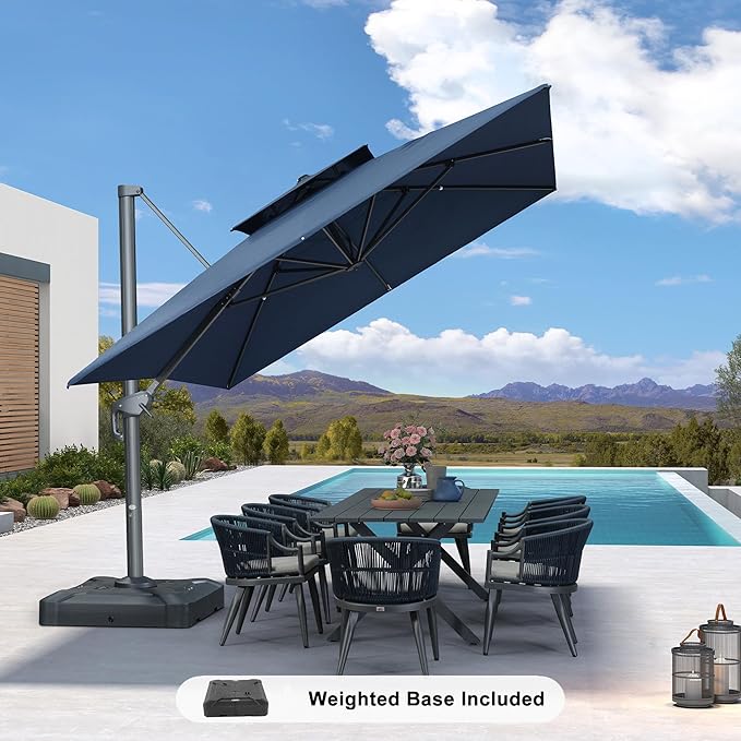 PURPLE LEAF 10' x 13' Cantilever Patio Umbrella Outdoor Umbrella with 330lbs Base Large Rectangular Windproof Offset Umbrella for Pool Deck Garden, Ocean Slate