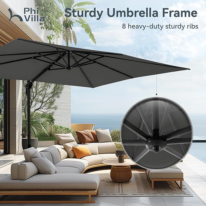 PHI VILLA 9'x 12' Cantilever Patio Umbrella with Crank Handle, 6-Level Tilt & 360° Rotation, Aluminum Square Outdoor Offset Umbrella Windproof & Crashproof for Garden, Deck, Pool (Grey)