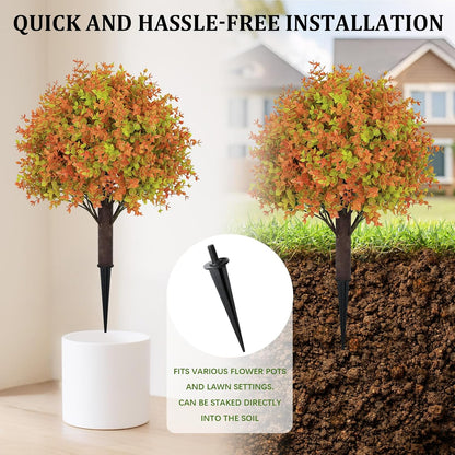 24" Fall Plants Artificial Boxwood Topiary Trees, UV Resistant Faux Bushes with Ground Spike, Fake Shrubs for Outdoor Planters, Front Porch, Patio, Yard Decor Set of 2