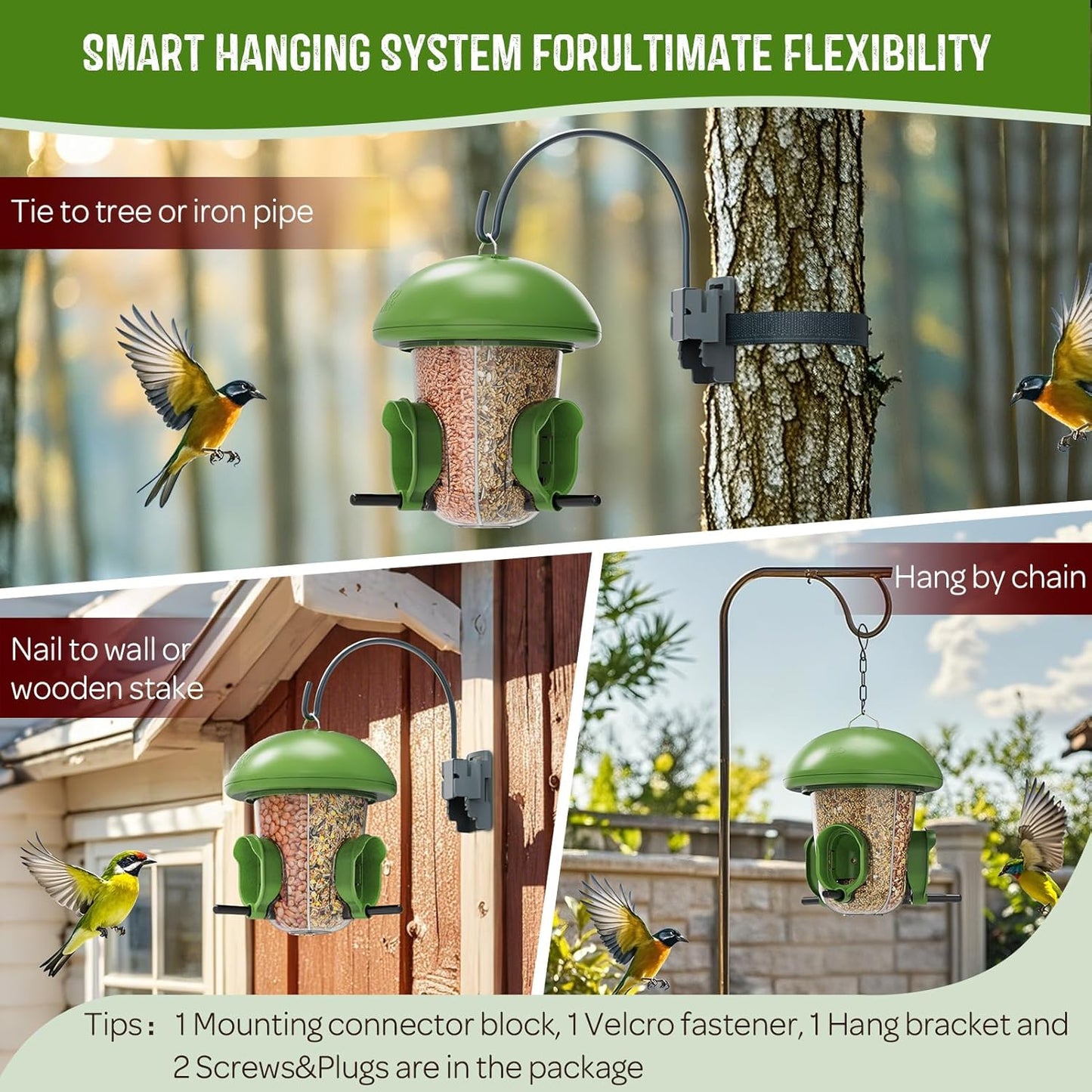 LONA Bird Feeders for Outdoors Hanging – 3 Separate Compartments, 3 Feeding Ports, Weatherproof Dome & 3 Ways to Hang, Large Capacity for Cardinals/Finches (Green