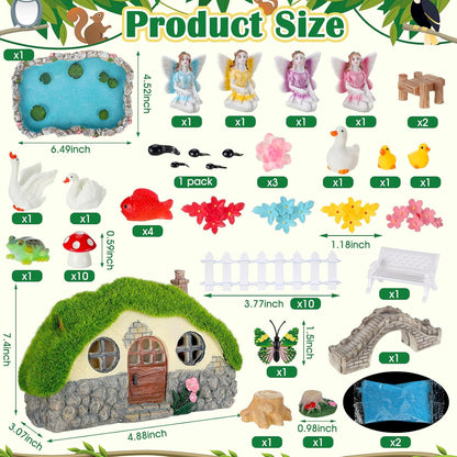 Roowest 57 Pcs Solar Fairy House Garden Accessories Light up Mushroom House Resin Fairy Figures Garden Kit Resin Miniature Fish Pond Figures Micro Landscape Outdoor Decoration