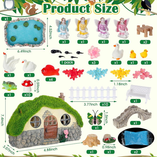 Roowest 57 Pcs Solar Fairy House Garden Accessories Light up Mushroom House Resin Fairy Figures Garden Kit Resin Miniature Fish Pond Figures Micro Landscape Outdoor Decoration