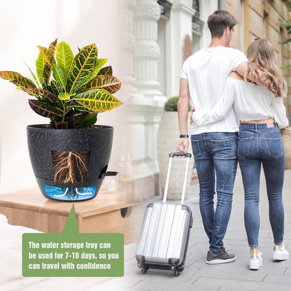 Large Self Watering Pots, 12/10/9 Plastic Planters with High Drainage Holes and Deep Reservoir for Indoor Outdoor Garden Plants and Flowers, Black Speckles