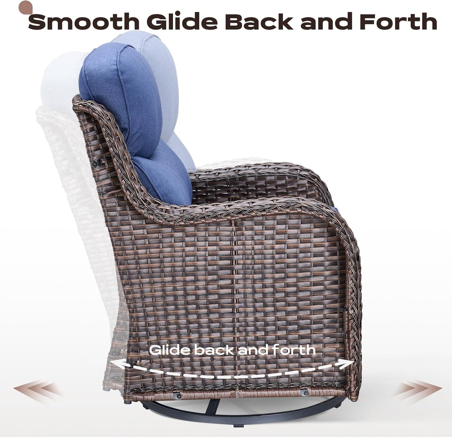 Wicker Outdoor Patio Furniture Set - 6 Piece Patio Conversation Sets with Swivel Rocker Chairs, Ottomans, Sofa and Table, 6 inch Cushions, Deep Seating, for Porch Deck Brown/Blue