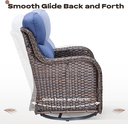 Wicker Outdoor Patio Furniture Set - 6 Piece Patio Conversation Sets with Swivel Rocker Chairs, Ottomans, Sofa and Table, 6 inch Cushions, Deep Seating, for Porch Deck Brown/Blue