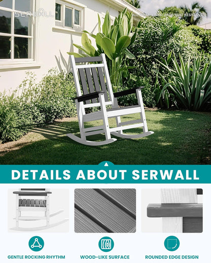 SERWALL Outdoor Rocking Chair, HDPE Rocking Chairs for Adult, All Weather Porch Rockers for Lawn Garden, Gray & White