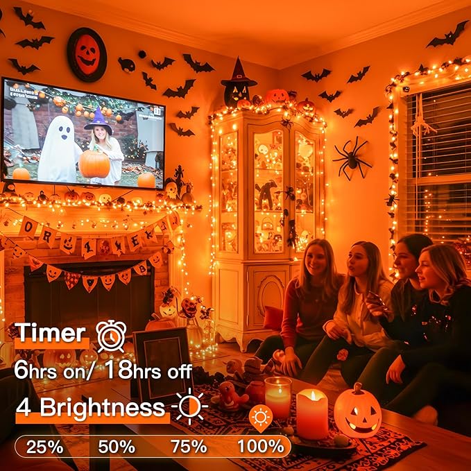 suddus Orange Halloween Lights Outdoor with Remote, 66ft 200 LED Connectable Waterproof String Lights Plug in, Dimmable Clear Wire Fairy Lights for Fall, Thanksgiving, Party, Tree, Garden, Porch Decor