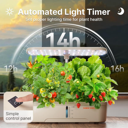 SUNCOZE Hydroponics Growing System Kit 12 Pods, Indoor herb Garden with 20W LED Grow Light, Visible Water Tank with Pump, 2.2"-12.4" Adjustable Height Indoor Gardening System, Gardening Gifts, Beige