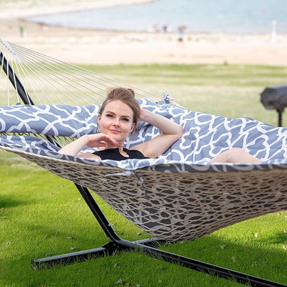 SUNCREAT Outdoor Double Hammock with Stand, Two Person Cotton Rope Hammock with Polyester Pad, Circle Pattern