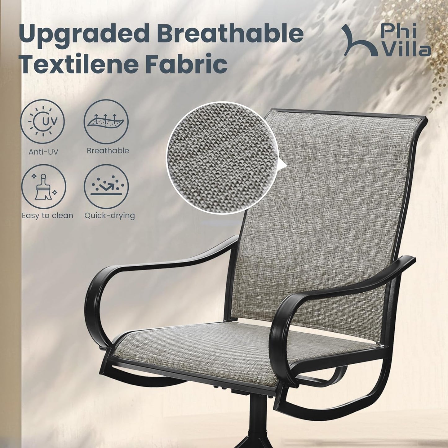 PHI VILLA Patio Swivel Dining Chairs Set of 6 Outdoor Metal Chair with Textilene Mesh Fabric, Patio Gentle Rocker Chair, Black Frame for Deck Garden