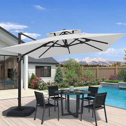 10x10 FT Cantilever Patio Umbrella Double Top Outdoor Square Large Heavy Duty Aluminum Offset Umbrellas with 7 Level Tilt 360-degree Rotation for Pool Garden Deck, Fog Grey