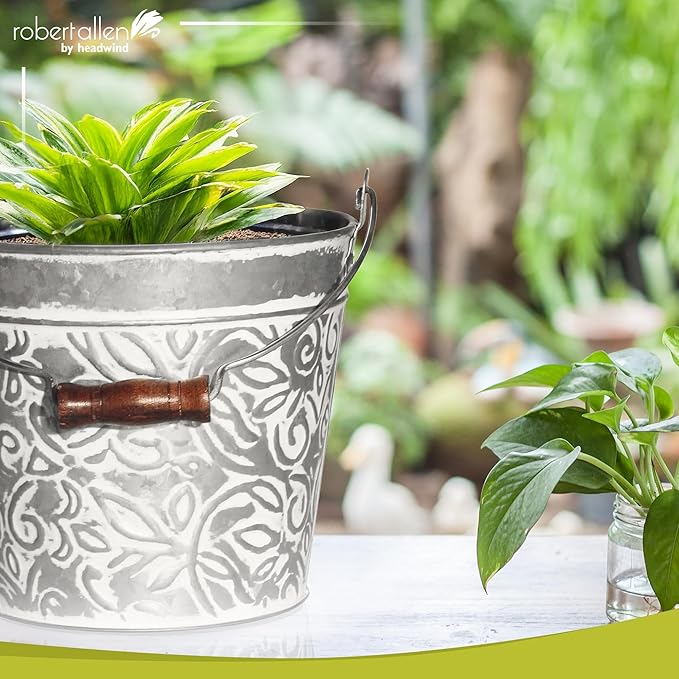 Headwind Vintage Collection - Floral Galvanazied White Wash Planter with Handles – 8 Inch Medium Flower Pots Decorative Plant Indoor – Plant Pots Indoor with Drainage by Robert Allen