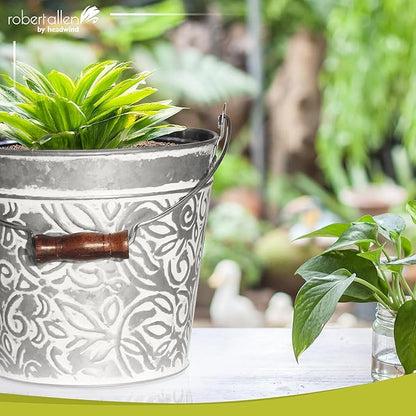 Headwind Vintage Collection - Floral Galvanazied White Wash Planter with Handles – 8 Inch Medium Flower Pots Decorative Plant Indoor – Plant Pots Indoor with Drainage by Robert Allen