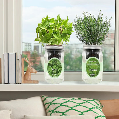 2-Pack Hydroponic Mason Jar Herb Garden Kit, Indoor Herb Garden Self-Watering Starter Kit (Thyme,Thai Basil)