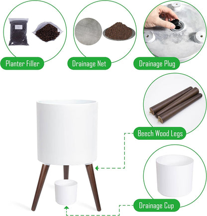 D'vine Dev 12 Inch Planter Pot with Stand, Mid-Century Tall Plant Pot with Legs for Indoor Plants, Large, White, 88-O-C-1