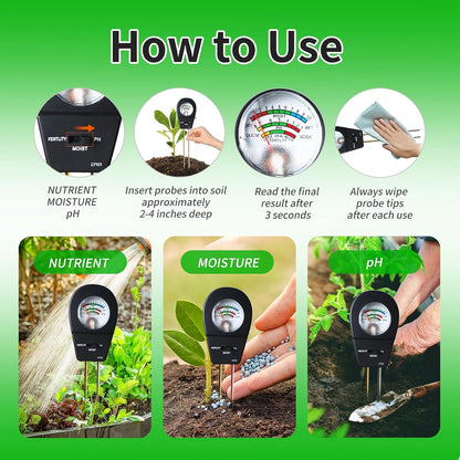 Soil Test Kit, ph Soil Tester for Garden Soil - 3-in-1 Digital Soil Moisture Meter, Soil pH Meter & Fertility Soil Tester for Indoor & Outdoor Garden, Farm, Patio, Lawn，Black