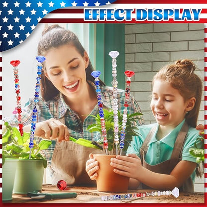 DIY Fairy Wand Garden Beads Stakes Wands Kit,Multiple Color Scheme European Beads Crystal Diamond Tops and 12 or 10 Inch Threaded Rods,Stainless Steel Stakes with Diamond Toppe(Red+White+Blue)