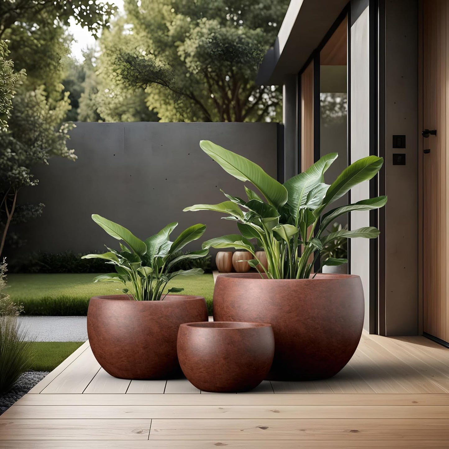 Kante 19.9",15.7",11.8" Dia Round Concrete Planter Set of 3, Outdoor/Indoor Large Bowl Plant Pots with Drainage Hole and Rubber Plug for Garden Patio Balcony Home, Rusty