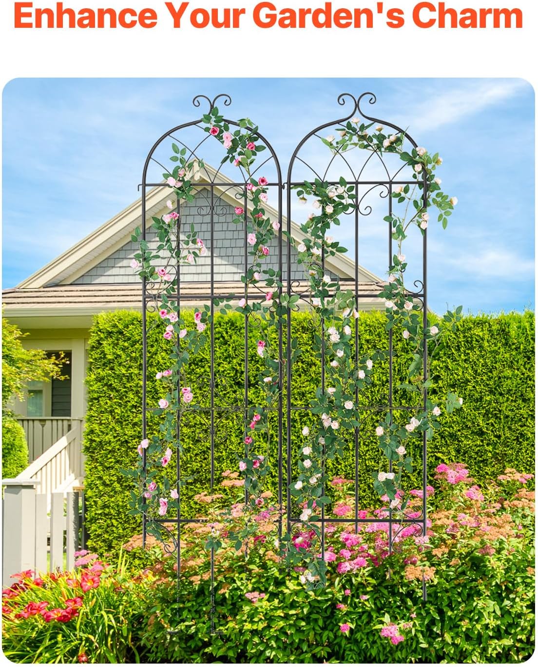 VEVOR Garden Trellis for Climbing Plants, 87 x 20 in, 2 Packs Rustproof Metal Garden Flower Trellis, Outdoor Climbing Rose Trellis Cucumbers Support, Decorative Clematis Trellis for Courtyards Lawns