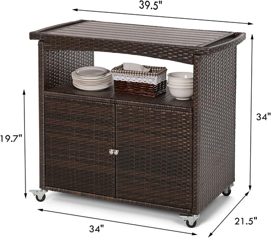 Outdoor Bar Cart with Storage Cabinet Patio Wicker Sideboard Buffet Cabinet Prep Table Outside Kitchen Serving Cart with Rolling Wheels & Handle Rattan Portable Bar Table with Shelves Doors Brown