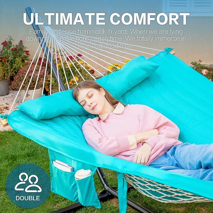 PNAEUT Double Hammock with Stand for Outside, Rope Hammocks with Polyester Pad 2 Person, 12ft Heavy Duty Stand, Extra Pillow, Storage Sidebag, Max 475 lbs Capacity (Lake)