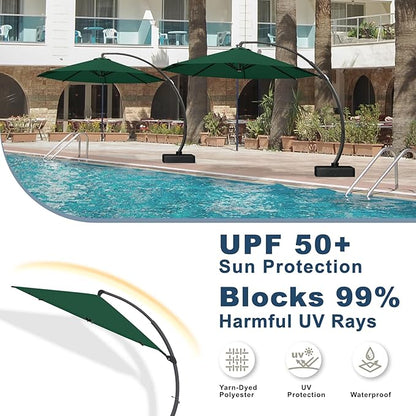 11FT Cantilever Umbrella with Base Large Curvy Outdoor Aluminum Offset Umbrella w/ 360° Rotation, UV Resistant Canopy for Patio, Garden, Backyard, Forest Green