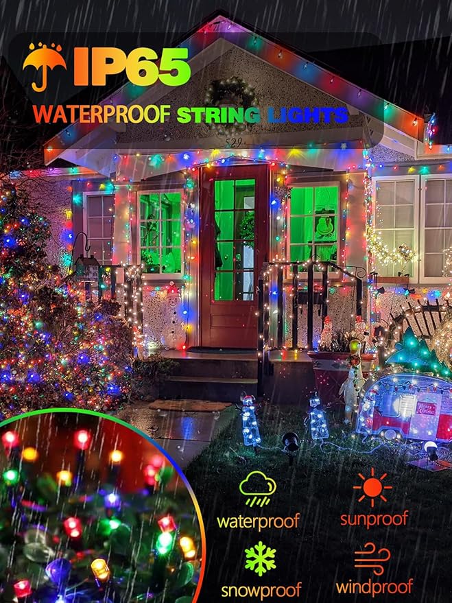 4 Pack 180FT Solar Christmas Lights Outdoor Waterproof, Super Bright 320 LED Solar String Lights with 8 Lighting Modes, Green Wire Twinkle Tree Light for Outside Xmas Party Decorations (Multi-Colored)