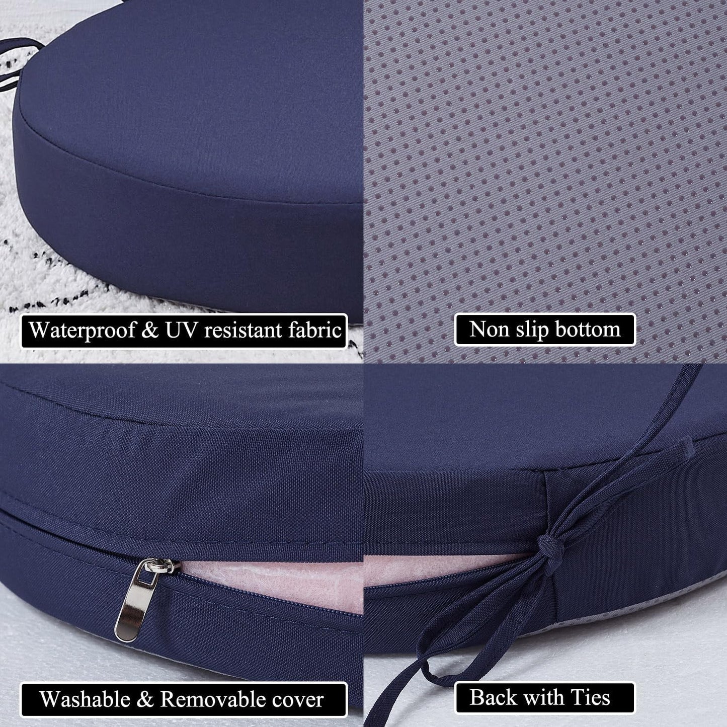 15 x 15 Inch Round Cushions for Outdoor Furniture Non-Slip Waterproof Patio Bistro Chair Cushion with Ties Bar Stool Seat Cushion for Kitchen Chairs Set of 2, Navy Blue