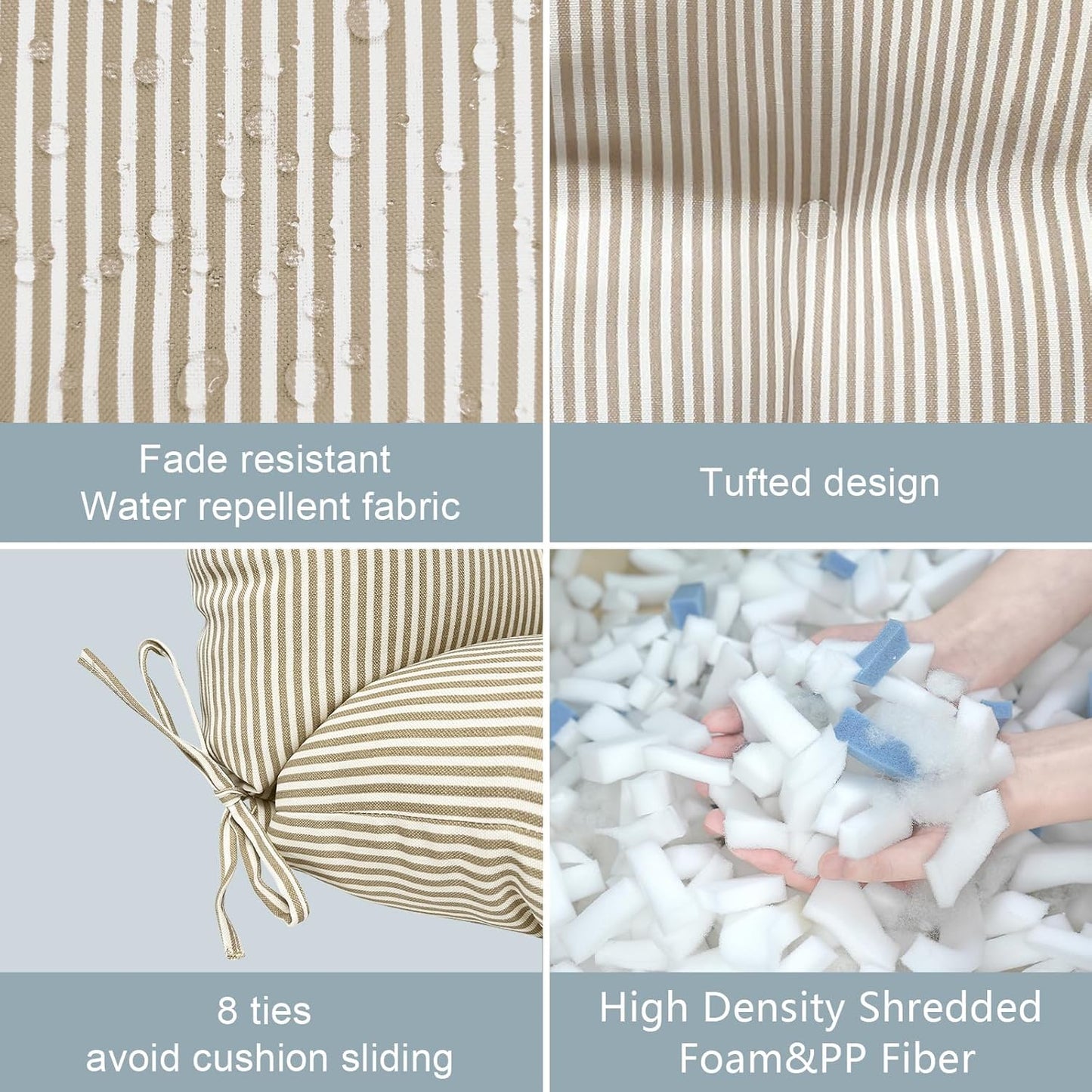 LVTXIII Outdoor Seat and Back Chair Cushion Patio Tufted High Back Cushion with Ties, Seasonal Replacement Rocking Chair Cushion for Home Office Garden Use, 44” L x 22” W, Set of 2, Stripe Beige