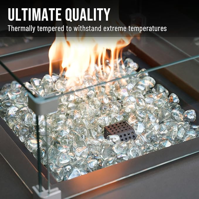 Skyflame 10-Pound Fire Glass Diamonds for Fire Pit Fireplace Landscaping, 1/2 Inch Reflective Glass Fire-Diamonds, Crystal Ice