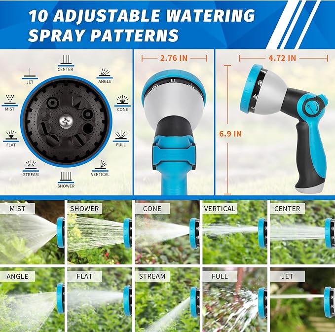 AUTOMAN Garden Hose Nozzle - 10 Adjustable Spray Patterns, Thumb Flow Control Hose Sprayer, Water Hose Spray Nozzle for Plants Watering, Car Washing, Window Cleaning, Pets Bathing, Outdoor Fun, Blue