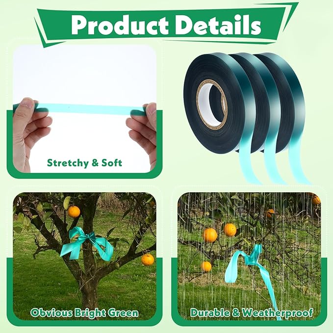 24 Pcs Stretch Tie Tape, 150 Feet x 1/2" Wide Reusable Garden Plant Ties Green Tapes for Plants, Thick Garden Vinyl Stake Ribbon for Branches Flowers Tomatoes Indoor/Outdoor/Greenhouse